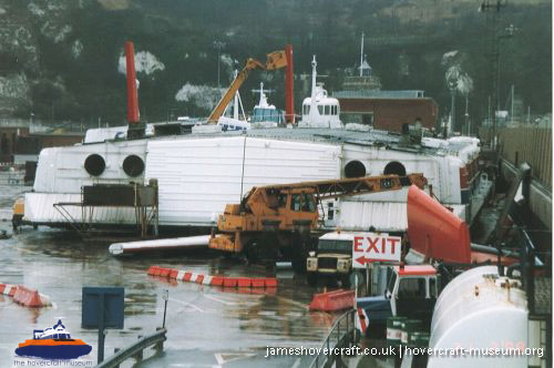 SRN4 Sir Christopher (GH-2008) being broken up at Dover -  (credit: The <a href='http://www.hovercraft-museum.org/' target='_blank'>Hovercraft Museum Trust</a>).